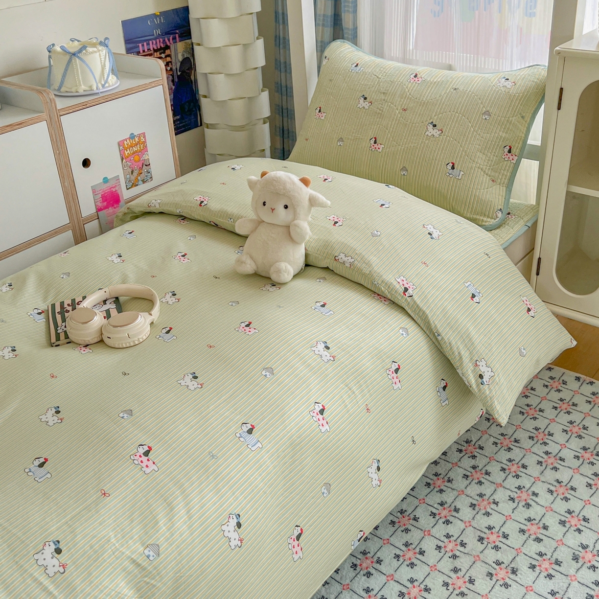 91家纺网 家纺一手货源 找家纺 沐纯家居 2025新款学生款双面纯棉棉花床盖三件套 狗狗乐园