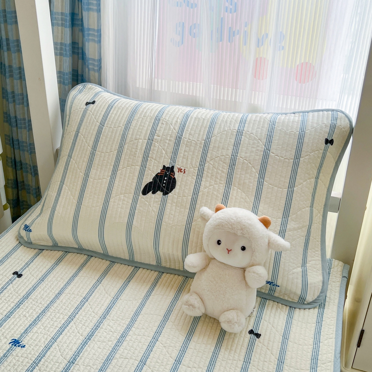 91家纺网 家纺一手货源 找家纺 沐纯家居 2025新款学生款双面纯棉棉花床盖三件套 猫咪呼呼