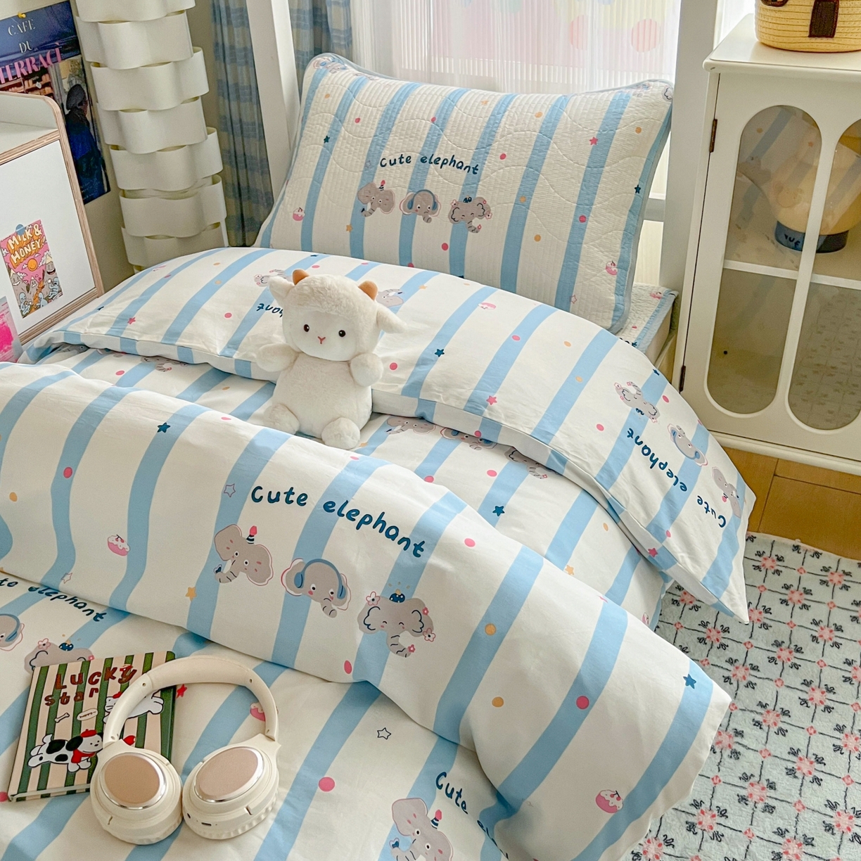 91家纺网 家纺一手货源 找家纺 沐纯家居 2025新款学生款双面纯棉棉花床盖三件套 三只小象