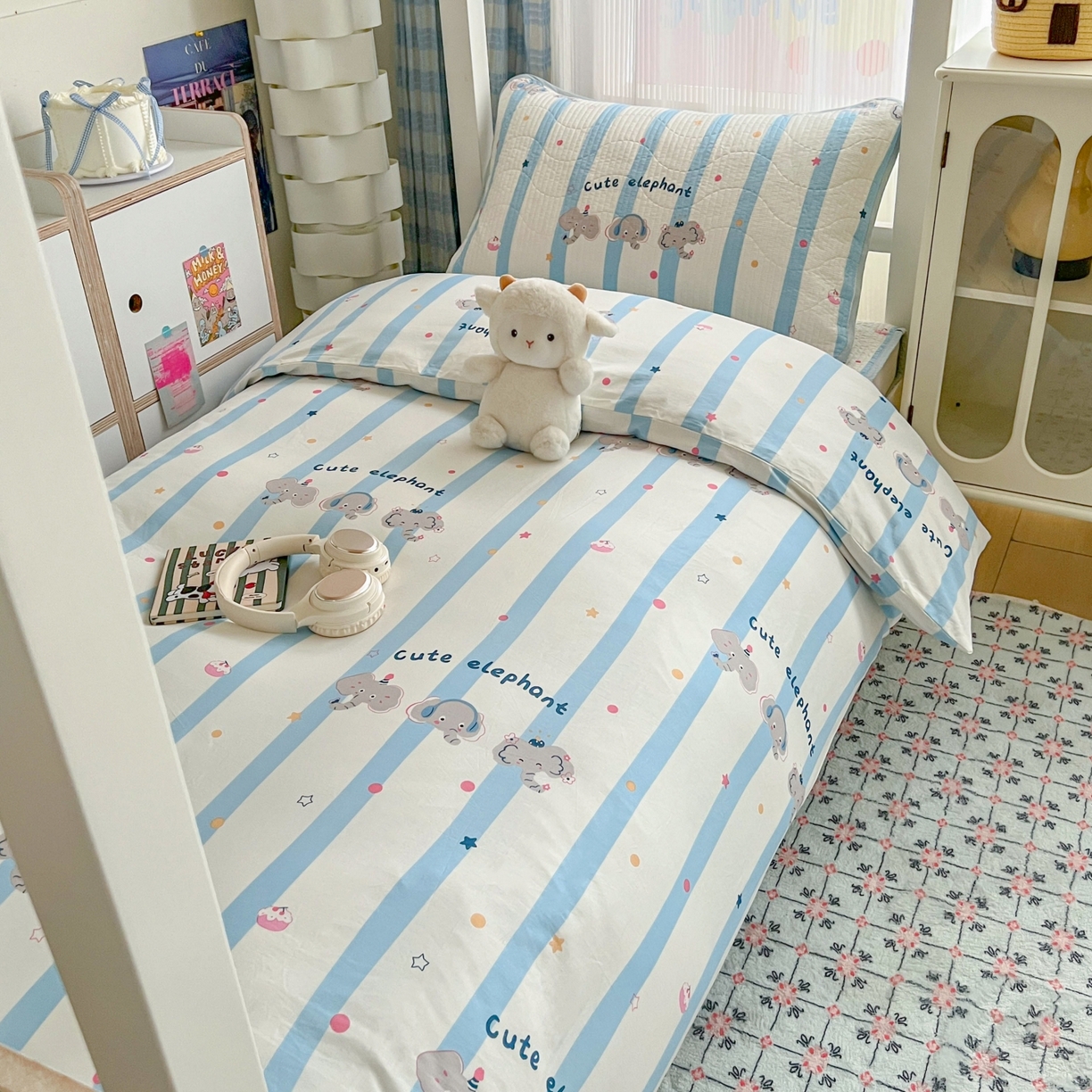 91家纺网 家纺一手货源 找家纺 沐纯家居 2025新款学生款双面纯棉棉花床盖三件套 三只小象