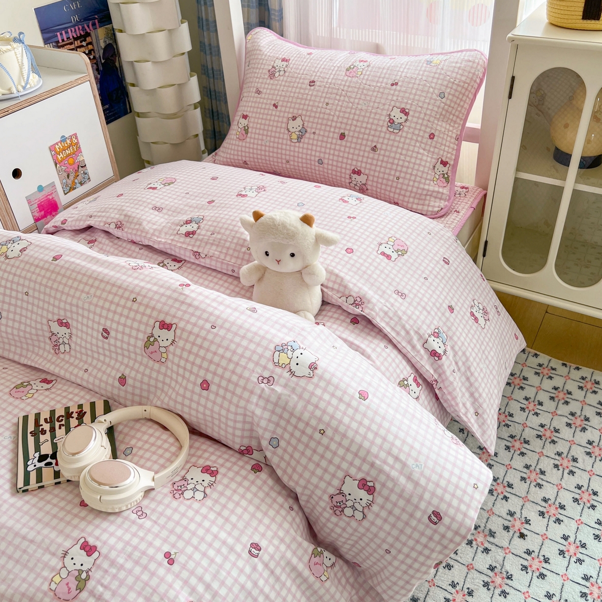 91家纺网 家纺一手货源 找家纺 沐纯家居 2025新款学生款双面纯棉棉花床盖三件套 宠物猫