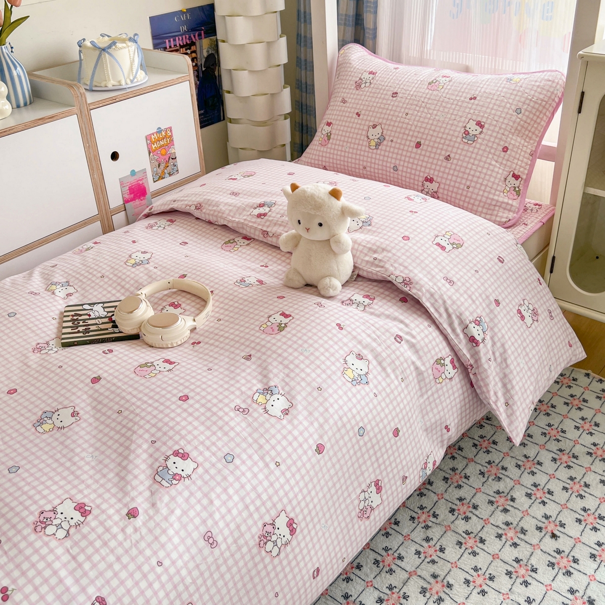 91家纺网 家纺一手货源 找家纺 沐纯家居 2025新款学生款双面纯棉棉花床盖三件套 宠物猫