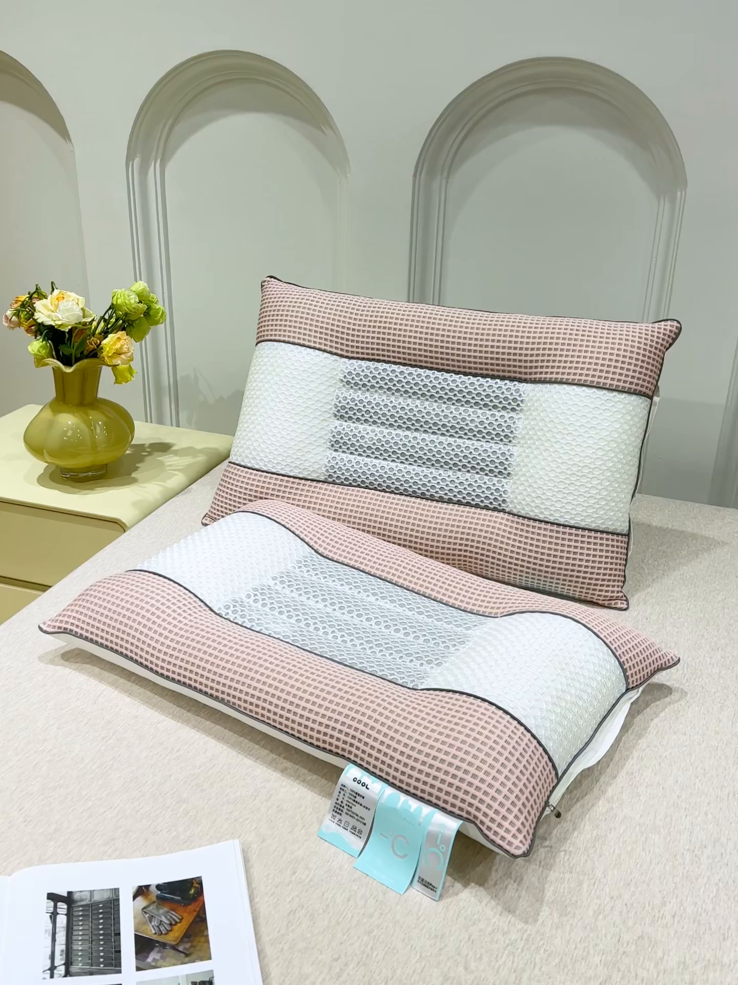 91家纺网 家纺一手货源 找家纺 蝶飞舞 2025新款凉豆豆枕头枕芯凉感丝决明子枕头枕芯 华夫格-粉色 48*74cm