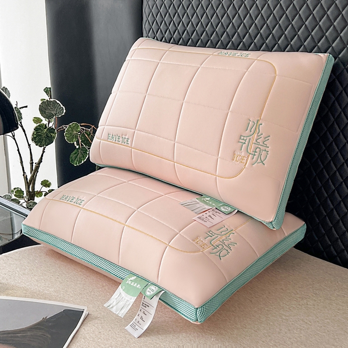 蝶飞舞 2025新款刺绣冰丝乳胶面包枕枕头枕芯 护颈助眠冰丝面包枕 粉色/1000g 48*74cm