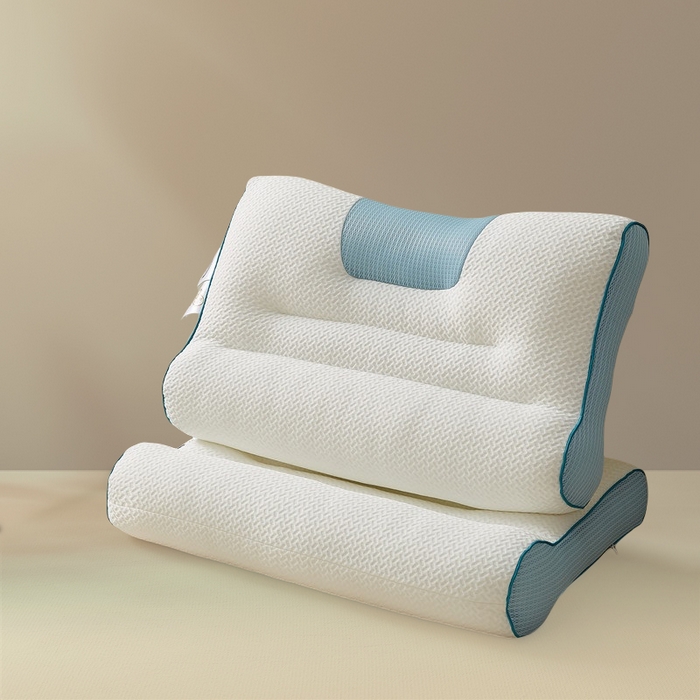 91家纺网 家纺一手货源 找家纺 蝶飞舞 2025新款升级款4D立体针织棉枕芯反弓牵引枕分区护颈椎枕头 4D牵引枕-蓝色 45*70cm