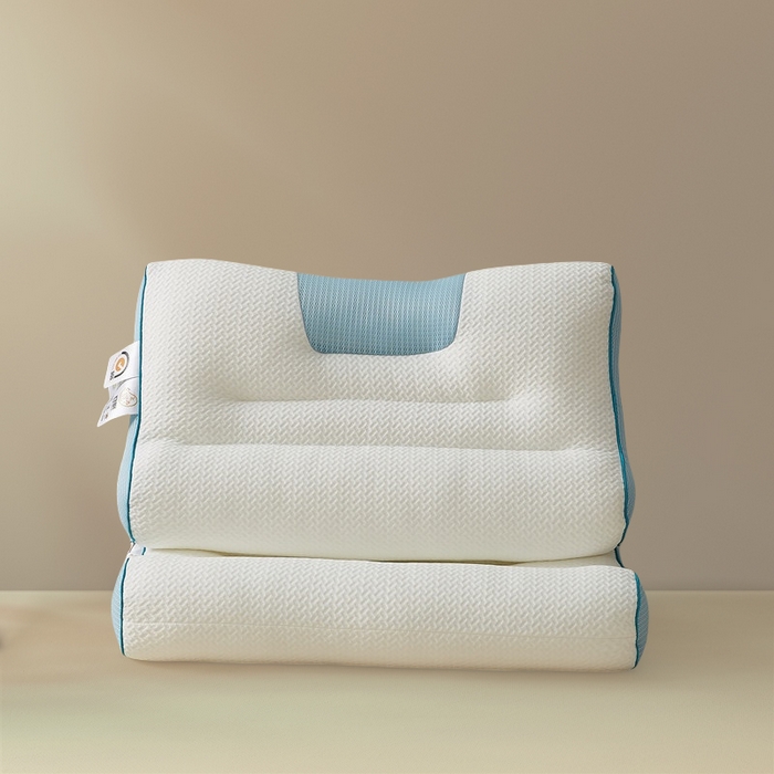 91家纺网 家纺一手货源 找家纺 蝶飞舞 2025新款升级款4D立体针织棉枕芯反弓牵引枕分区护颈椎枕头 4D牵引枕-蓝色 45*70cm