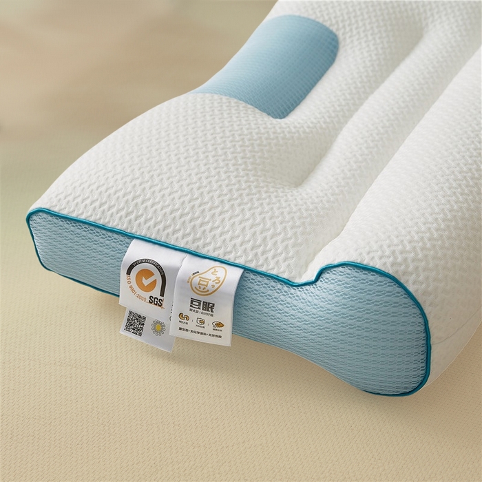 91家纺网 家纺一手货源 找家纺 蝶飞舞 2025新款升级款4D立体针织棉枕芯反弓牵引枕分区护颈椎枕头 4D牵引枕-蓝色 45*70cm