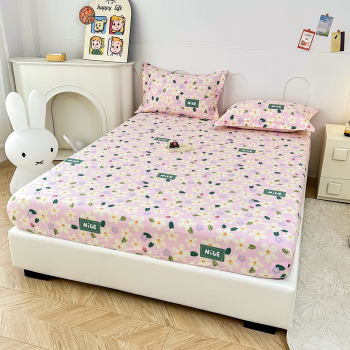 91家纺网 家纺一手货源 找家纺 小叮当家纺仓储工厂店 （爆款花型 长期款 不断货）2025年新款条纹卡通花卉纯棉全棉床笠三件套 花满城-粉