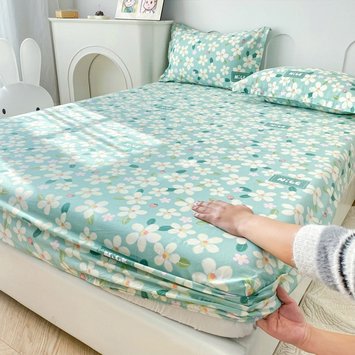 小叮当家纺仓储工厂店 （爆款花型 长期款 不断货）2025年新款条纹卡通花卉纯棉全棉床笠三件套 花满城-绿