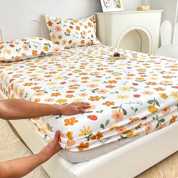 91家纺网 家纺一手货源 找家纺 小叮当家纺仓储工厂店 （爆款花型 长期款 不断货）2025年新款条纹卡通花卉纯棉全棉床笠三件套 花期