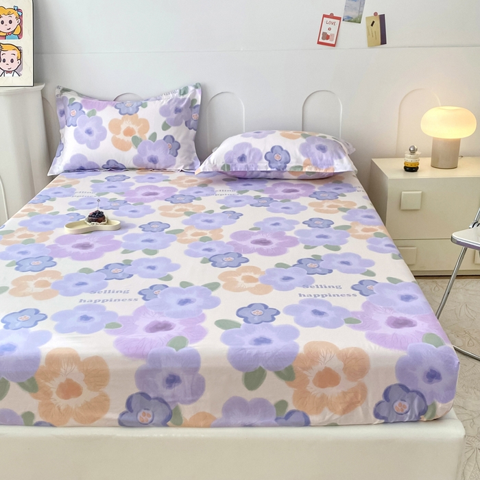 91家纺网 家纺一手货源 找家纺 小叮当家纺仓储工厂店 （爆款花型 长期款 不断货）2025年新款条纹卡通花卉纯棉全棉床笠三件套 紫韵花开