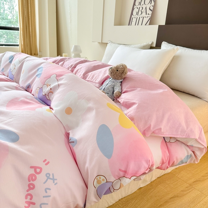 91家纺网 家纺一手货源 找家纺 小叮当家纺仓储工厂店 （爆款花型 长期款 不断货）2025年新款小清新印花条纹卡通花卉纯棉全棉单品系列--单被套 蜜桃桃