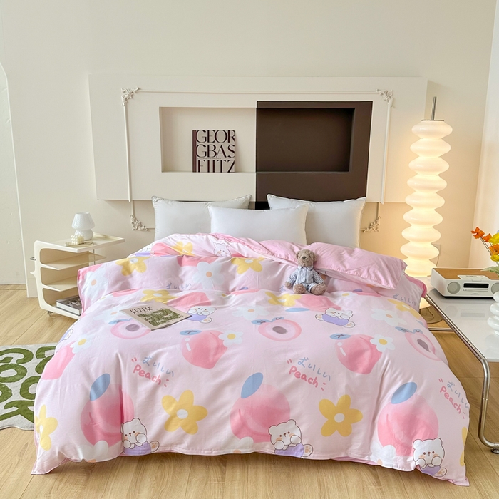 91家纺网 家纺一手货源 找家纺 小叮当家纺仓储工厂店 （爆款花型 长期款 不断货）2025年新款小清新印花条纹卡通花卉纯棉全棉单品系列--单被套 蜜桃桃