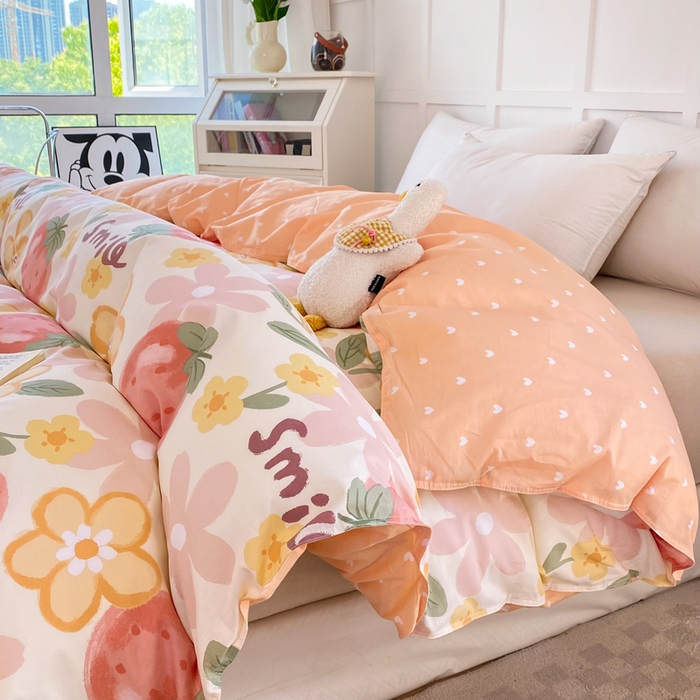 91家纺网 家纺一手货源 找家纺 小叮当家纺仓储工厂店 （爆款花型 长期款 不断货）2025年新款小清新印花条纹卡通花卉纯棉全棉单品系列--单被套 草莓物语