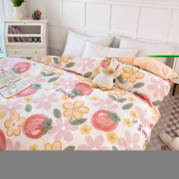 91家纺网 家纺一手货源 找家纺 小叮当家纺仓储工厂店 （爆款花型 长期款 不断货）2025年新款小清新印花条纹卡通花卉纯棉全棉单品系列--单被套 草莓物语