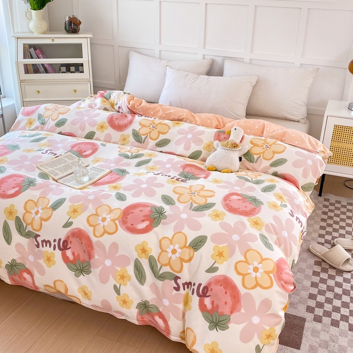 91家纺网 家纺一手货源 找家纺 小叮当家纺仓储工厂店 （爆款花型 长期款 不断货）2025年新款小清新印花条纹卡通花卉纯棉全棉单品系列--单被套 草莓物语