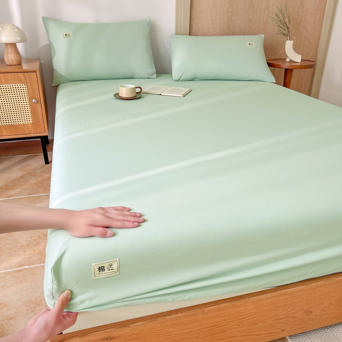 91家纺网 家纺一手货源 找家纺 暖芯优选 2025新款40S13376纯色全棉水洗棉单品系列床笠单件-单床笠 浅绿