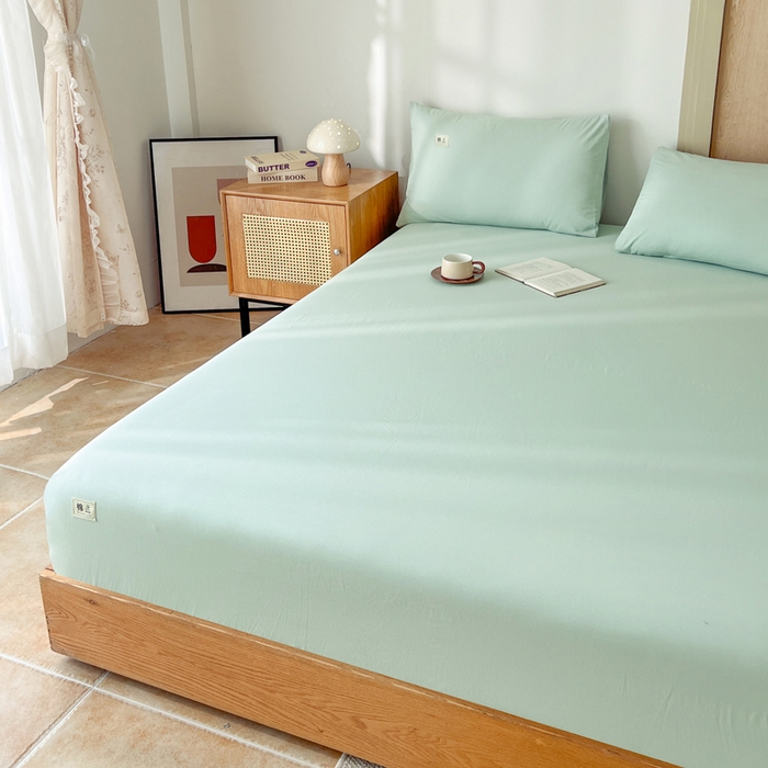 91家纺网 家纺一手货源 找家纺 暖芯优选 2025新款40S13376纯色全棉水洗棉单品系列床笠单件-单床笠 浅绿