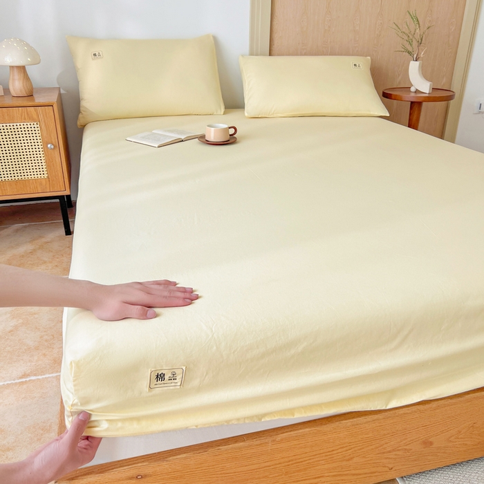 91家纺网 家纺一手货源 找家纺 暖芯优选 2025新款40S13376纯色全棉水洗棉单品系列床笠单件-单床笠 奶油黄