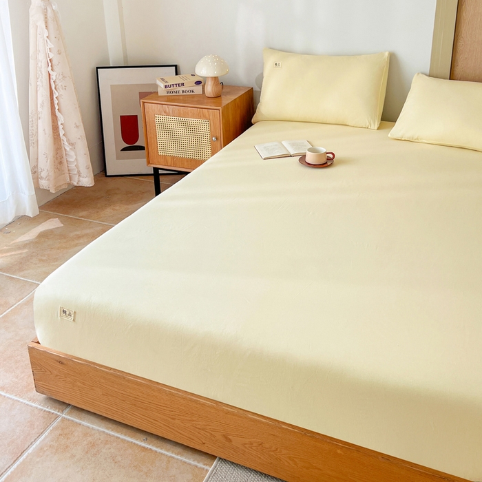 91家纺网 家纺一手货源 找家纺 暖芯优选 2025新款40S13376纯色全棉水洗棉单品系列床笠单件-单床笠 奶油黄