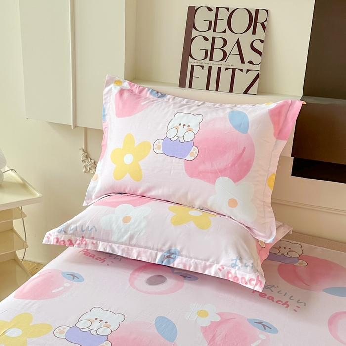 小叮当家纺仓储工厂店 （爆款花型 长期款 不断货）2025年新款条纹卡通花卉纯棉全棉单只枕套一对装 蜜桃桃