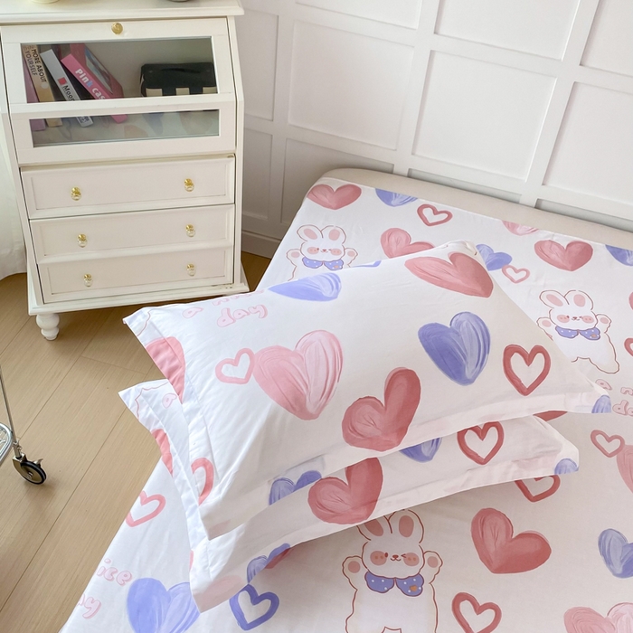 91家纺网 家纺一手货源 找家纺 小叮当家纺仓储工厂店 （爆款花型 长期款 不断货）2025年新款条纹卡通花卉纯棉全棉单只枕套一对装 小兔可可