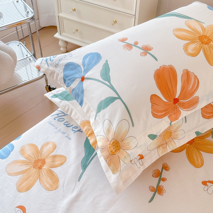 91家纺网 家纺一手货源 找家纺 小叮当家纺仓储工厂店 （爆款花型 长期款 不断货）2025年新款条纹卡通花卉纯棉全棉单只枕套一对装 芙蓉出水