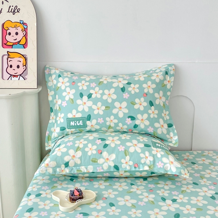 91家纺网 家纺一手货源 找家纺 小叮当家纺仓储工厂店 （爆款花型 长期款 不断货）2025年新款条纹卡通花卉纯棉全棉单只枕套一对装 花满城-绿