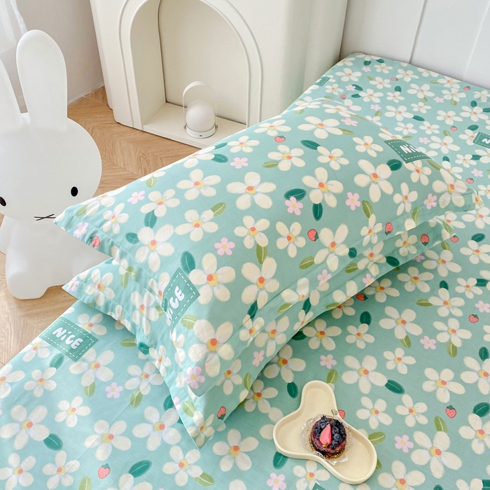 91家纺网 家纺一手货源 找家纺 小叮当家纺仓储工厂店 （爆款花型 长期款 不断货）2025年新款条纹卡通花卉纯棉全棉单只枕套一对装 花满城-绿