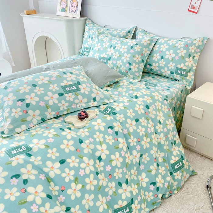 91家纺网 家纺一手货源 找家纺 小叮当家纺仓储工厂店 （爆款花型 长期款 不断货）2025年新款条纹卡通花卉纯棉全棉单只枕套一对装 花满城-绿