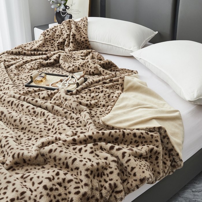 91家纺网 家纺一手货源 找家纺 库里梦家纺 2025新款跨境专供兔毛豹纹毛毯盖毯毯子 豹纹毛毯咖色