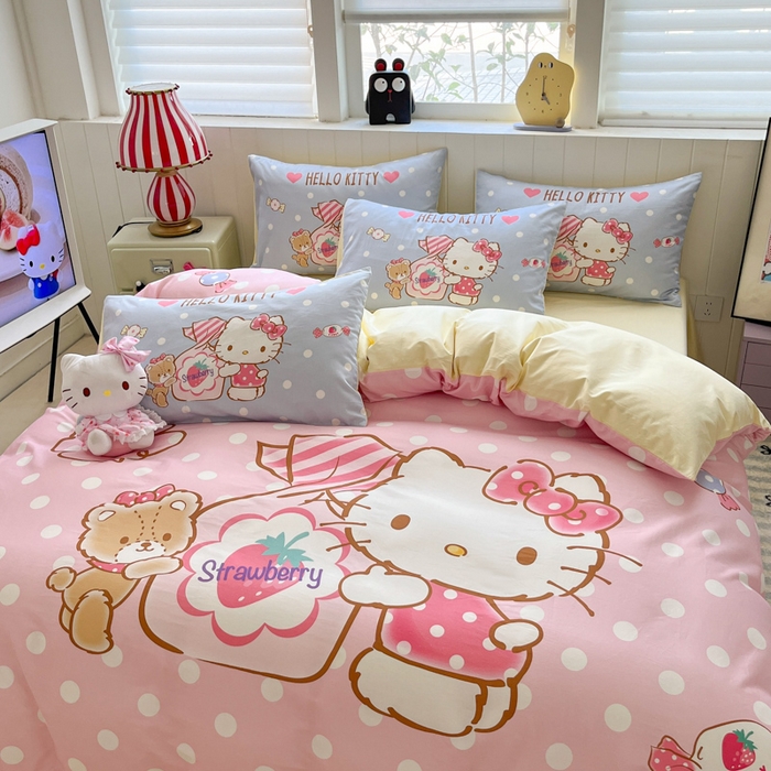 91家纺网 家纺一手货源 找家纺 金爱家 2025新款三丽鸥纯棉数码印花系列四件套 大阪-糖果kt