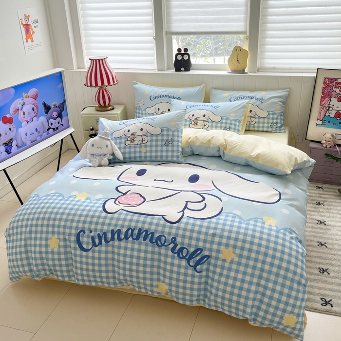 91家纺网 家纺一手货源 找家纺 金爱家 2025新款三丽鸥纯棉数码印花系列四件套 大阪-奶芙玉桂狗