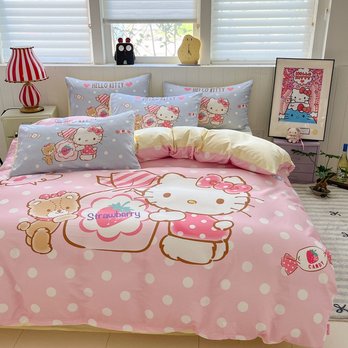 91家纺网 家纺一手货源 找家纺 金爱家 2025新款三丽鸥纯棉数码印花系列四件套 大阪-糖果kt