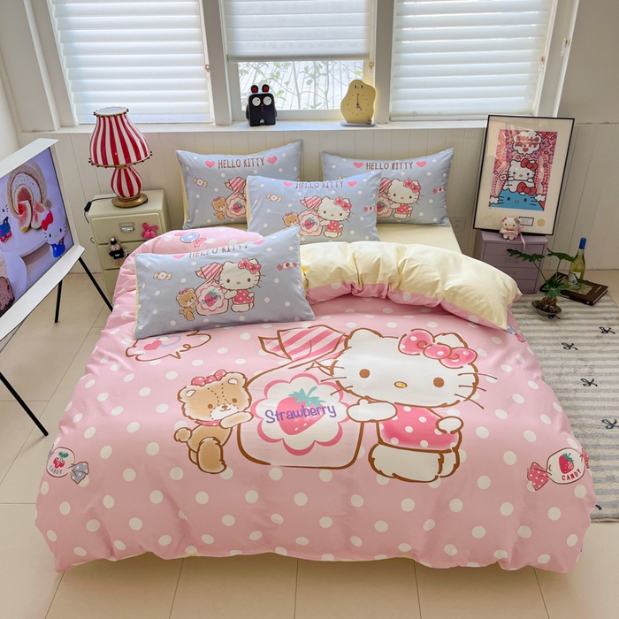 91家纺网 家纺一手货源 找家纺 金爱家 2025新款三丽鸥纯棉数码印花系列四件套 大阪-糖果kt