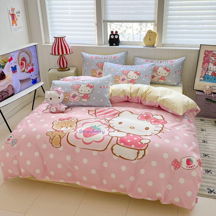 91家纺网 家纺一手货源 找家纺 金爱家 2025新款三丽鸥纯棉数码印花系列四件套 大阪-糖果kt