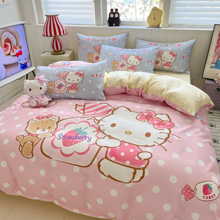 91家纺网 家纺一手货源 找家纺 金爱家 2025新款三丽鸥纯棉数码印花系列四件套 大阪-糖果kt