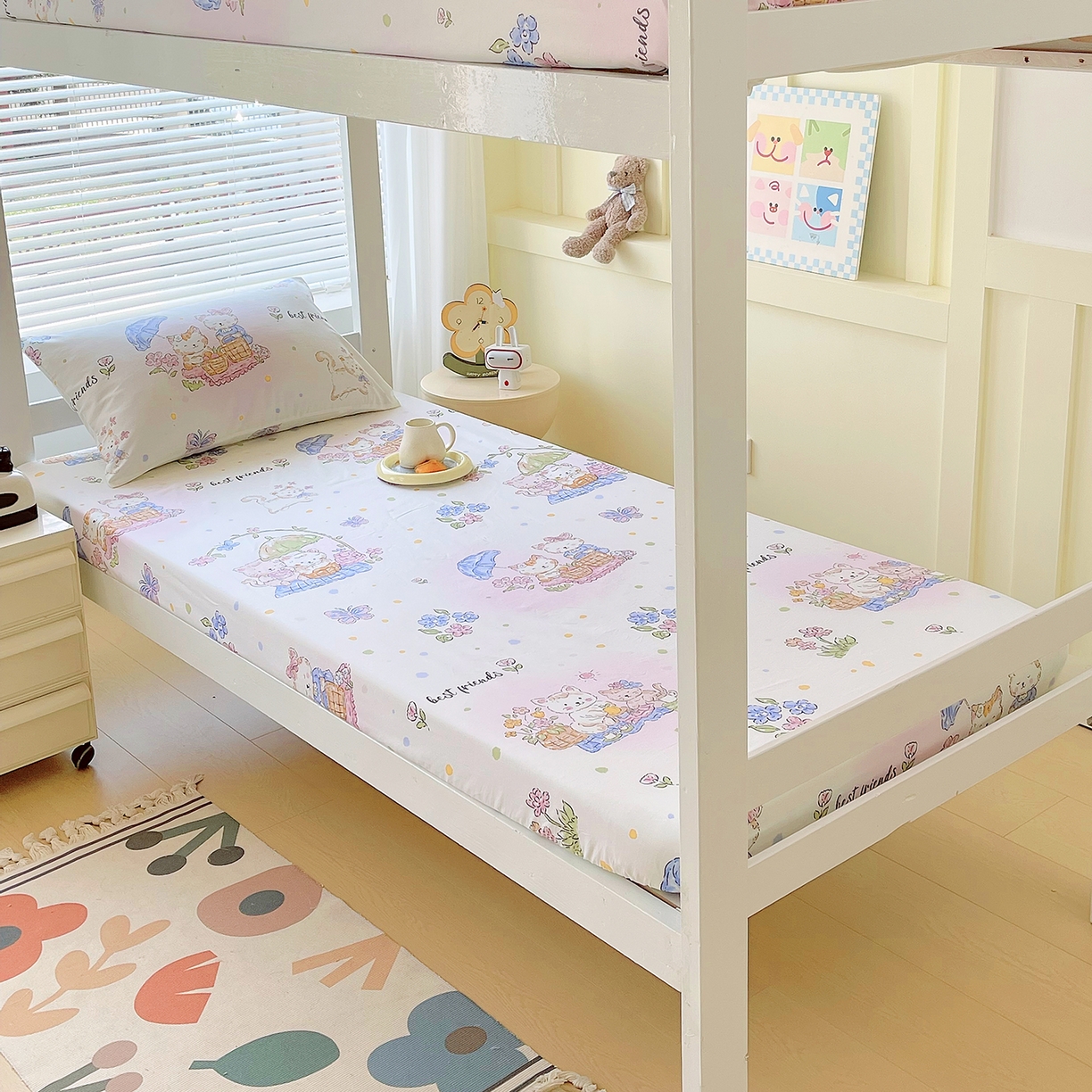 91家纺网 家纺一手货源 找家纺 金鑫汇家纺 2025新款全棉学生宿舍单品床笠系列 花丛兔