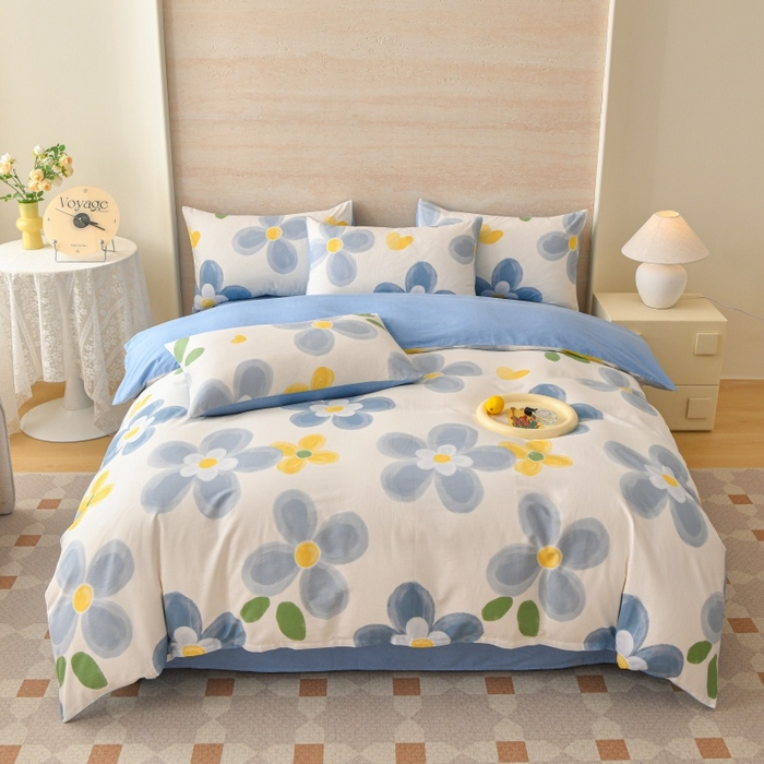 宇彬家纺 2026直播新款13070全棉纯棉印花床单床笠款四件套和单被套喷气清新简约（缩水足可定做） 向阳花开