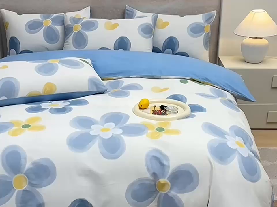 91家纺网 家纺一手货源 找家纺 宇彬家纺 2026直播新款13070全棉纯棉印花床单床笠款四件套和单被套喷气清新简约（缩水足可定做） 向阳花开
