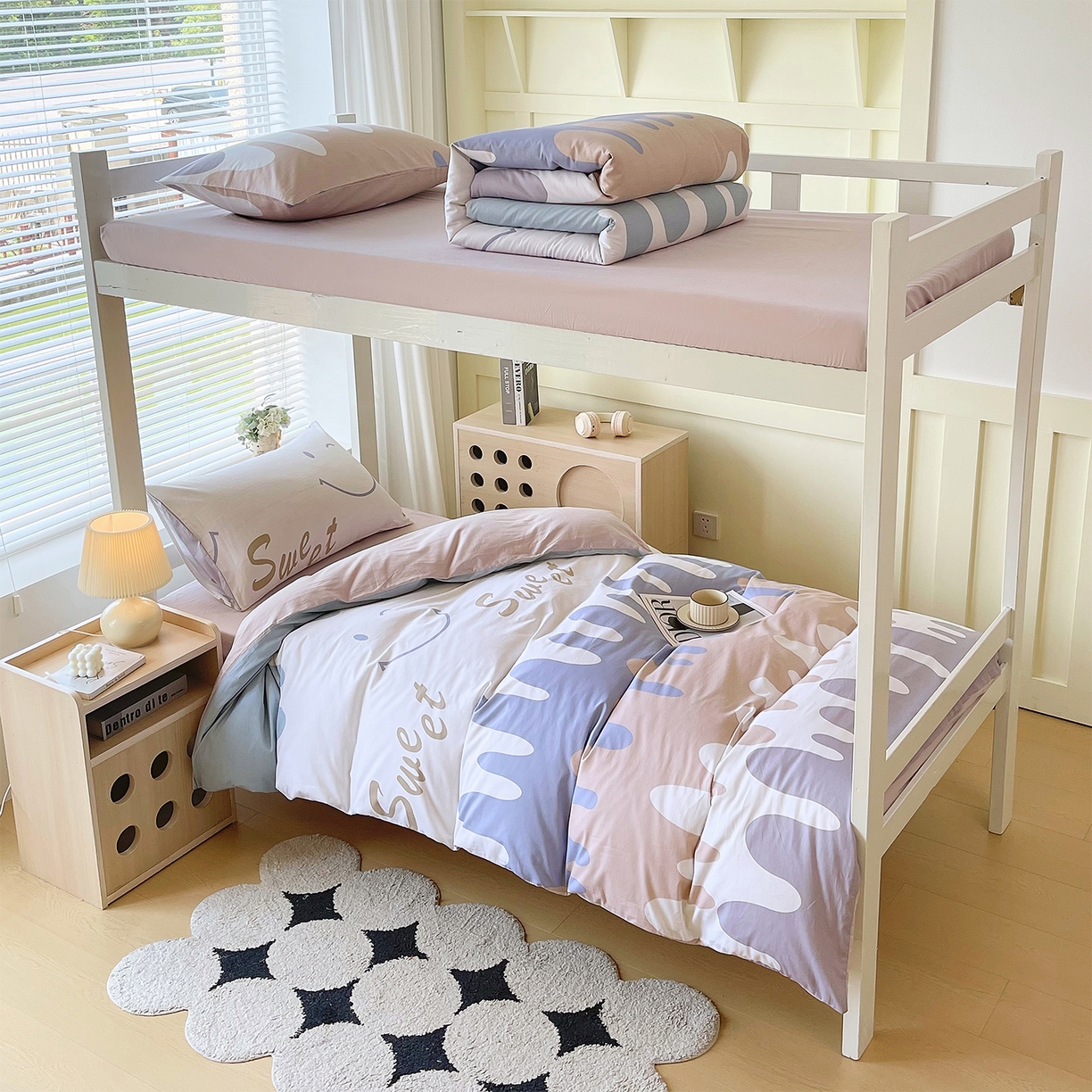 91家纺网 家纺一手货源 找家纺 金鑫汇家纺 2025新款全棉学生宿舍三件套四件套系列 奶油粉