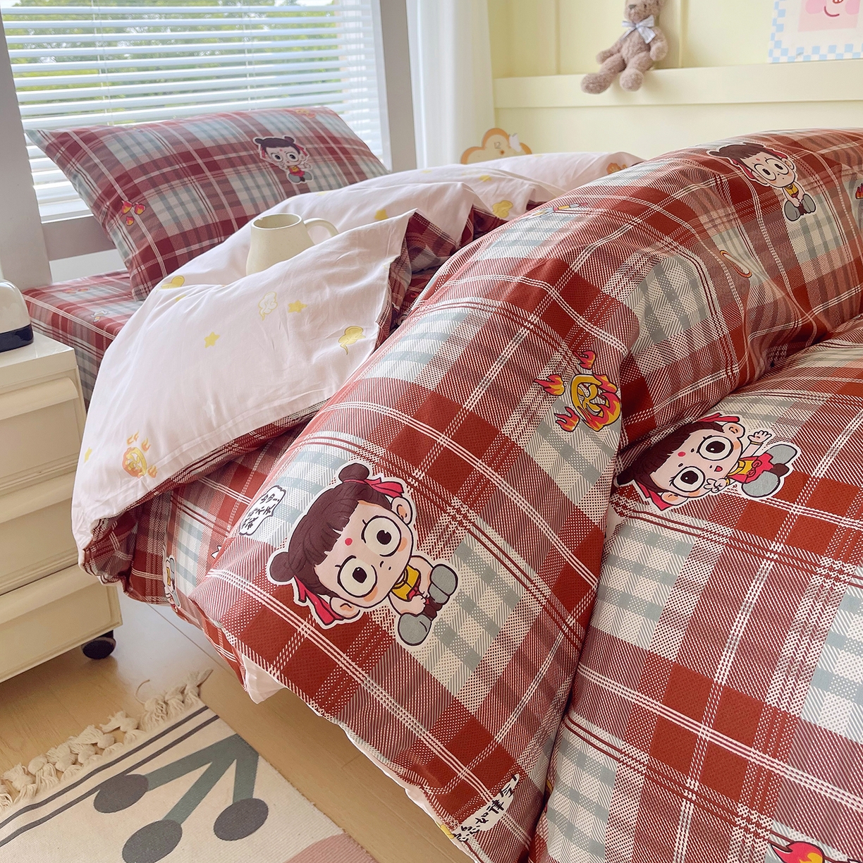 91家纺网 家纺一手货源 找家纺 金鑫汇家纺 2025新款全棉学生宿舍三件套四件套系列 传奇哪吒-棕