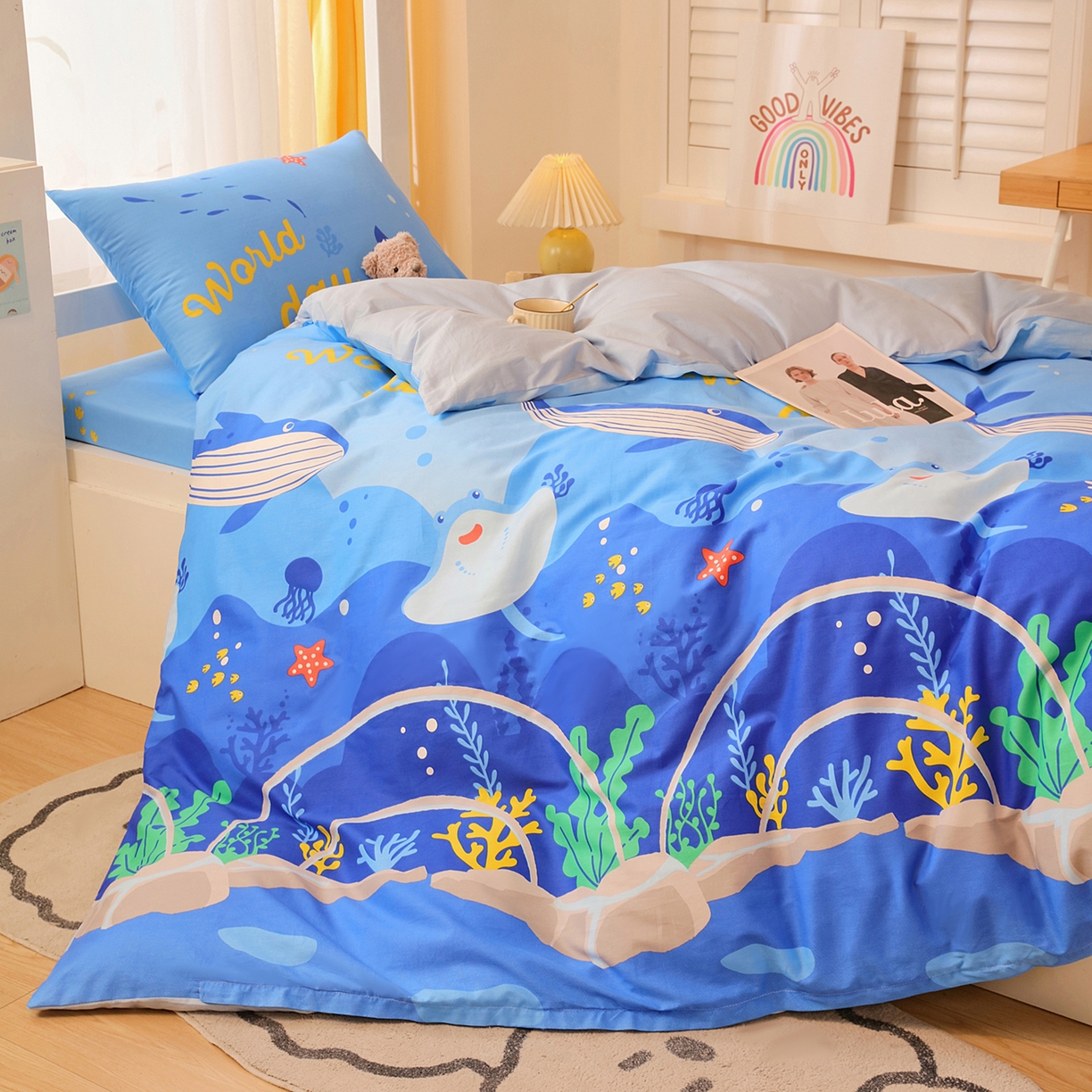 91家纺网 家纺一手货源 找家纺 金鑫汇家纺 2025新款全棉学生宿舍三件套四件套系列 荷枝桃桃