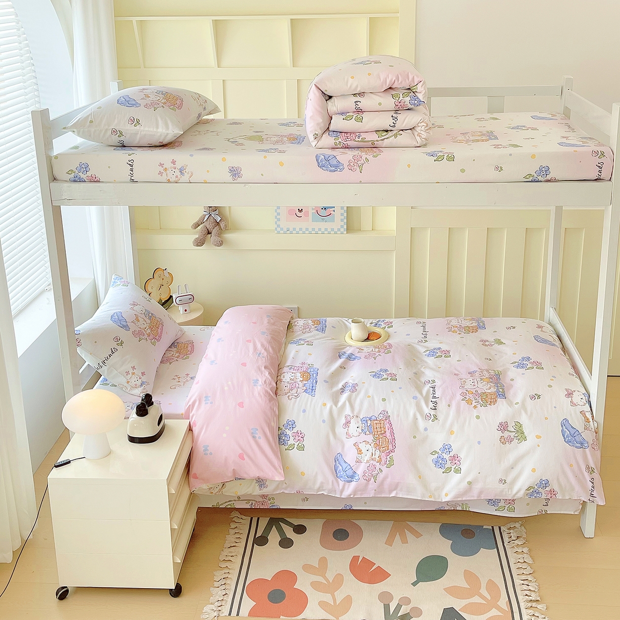 91家纺网 家纺一手货源 找家纺 金鑫汇家纺 2025新款全棉学生宿舍三件套四件套系列 奶油粉