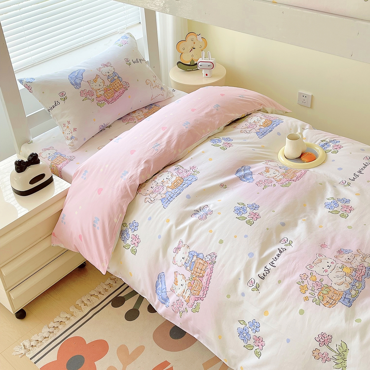 91家纺网 家纺一手货源 找家纺 金鑫汇家纺 2025新款全棉学生宿舍三件套四件套系列 奶油粉