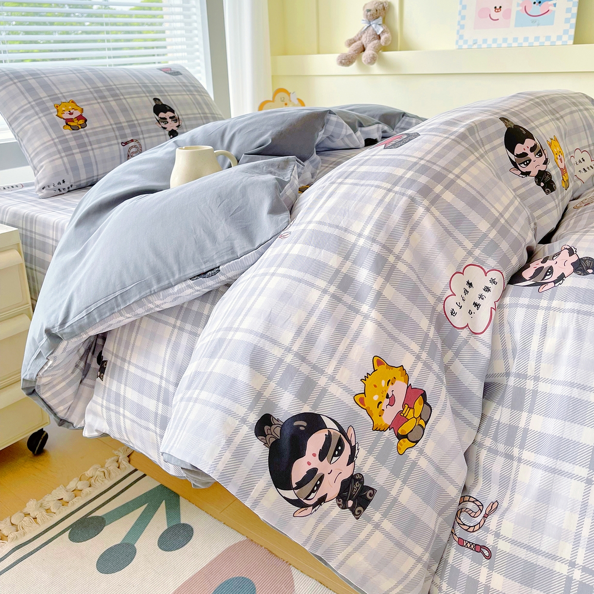 91家纺网 家纺一手货源 找家纺 金鑫汇家纺 2025新款全棉学生宿舍三件套四件套系列 无畏申公豹-灰