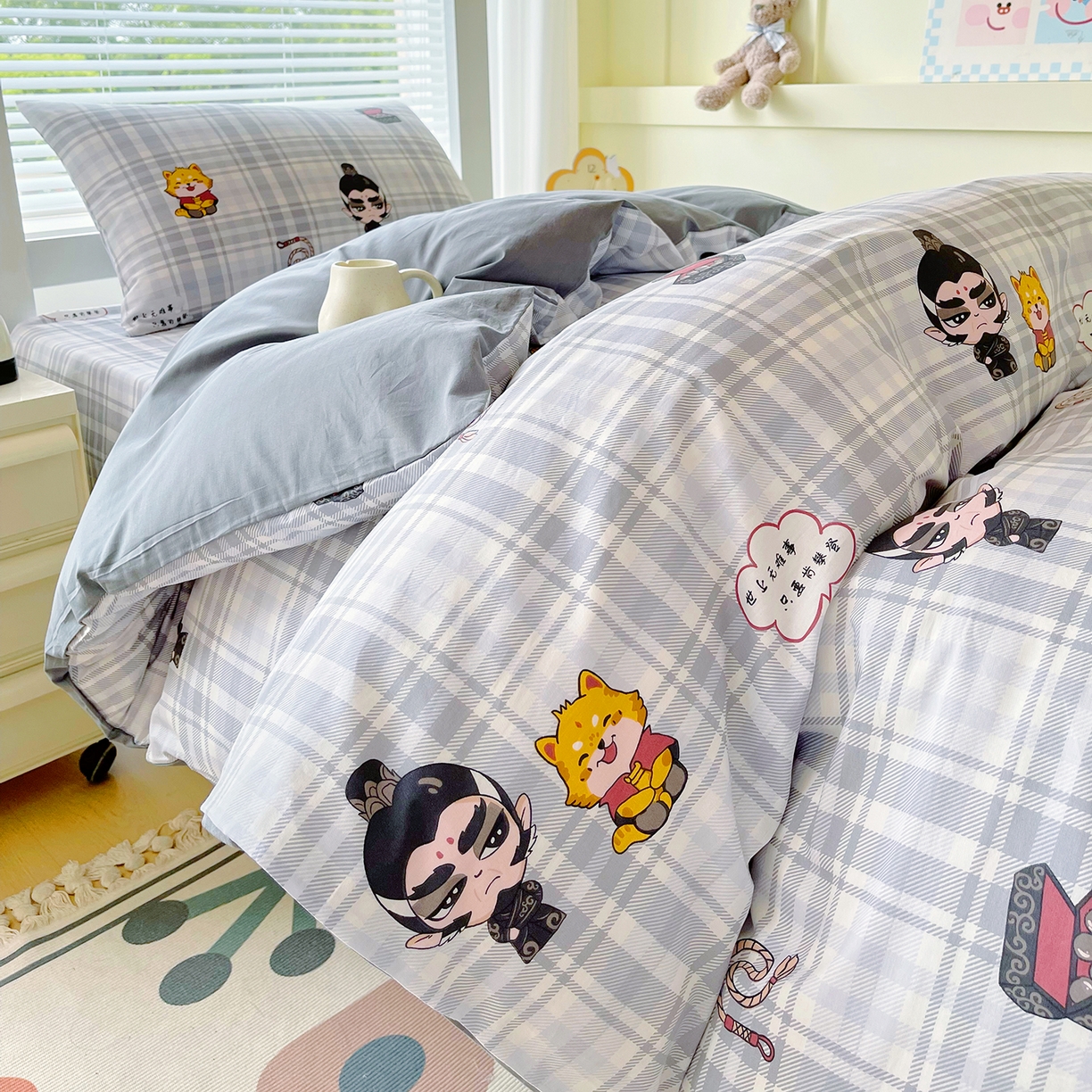 91家纺网 家纺一手货源 找家纺 金鑫汇家纺 2025新款全棉学生宿舍三件套四件套系列 无畏申公豹-灰