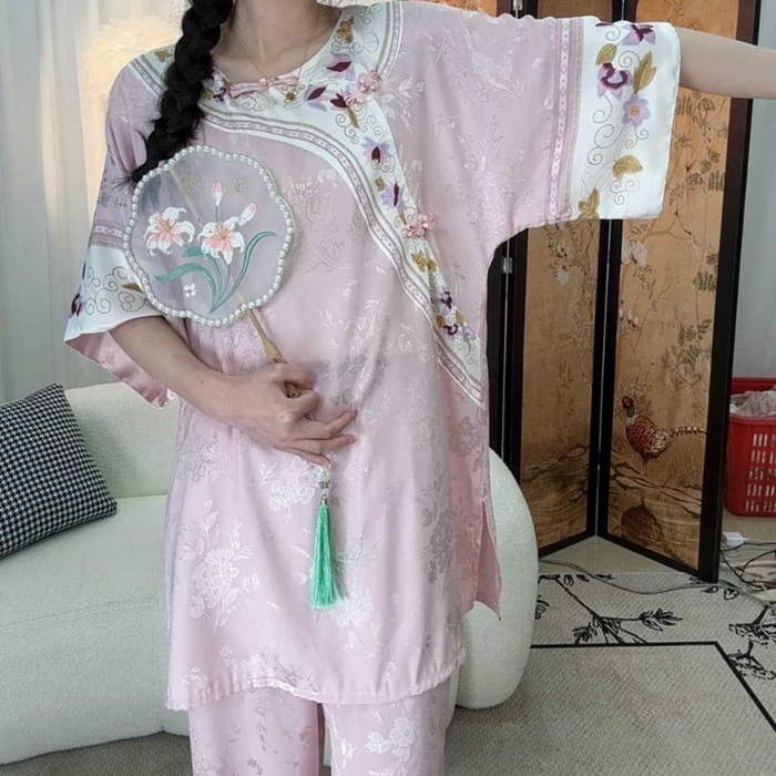 91家纺网 家纺一手货源 找家纺 洛兰沙家居馆【只代发】【只代发】2025新款夏跨境透气家居服女可外贸批发睡衣新款女士甜美宽松薄款睡裙 粉拼白