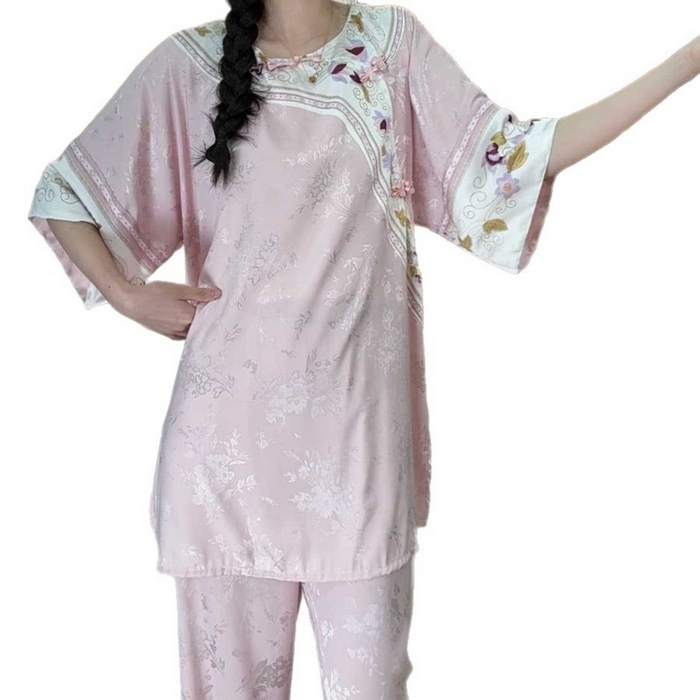 91家纺网 家纺一手货源 找家纺 洛兰沙家居馆【只代发】【只代发】2025新款夏跨境透气家居服女可外贸批发睡衣新款女士甜美宽松薄款睡裙 粉拼白