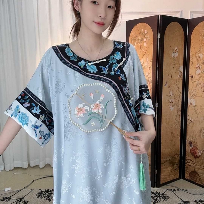 91家纺网 家纺一手货源 找家纺 洛兰沙家居馆【只代发】【只代发】2025新款夏跨境透气家居服女可外贸批发睡衣新款女士甜美宽松薄款睡裙 蓝色